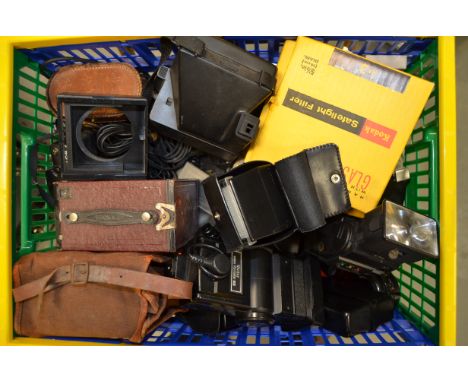 A Box of Cameras, Parts and Accessories, including a Polaroid supercolor 635, a Bronica SQ-Ai close up lens S, flashs by Vivi