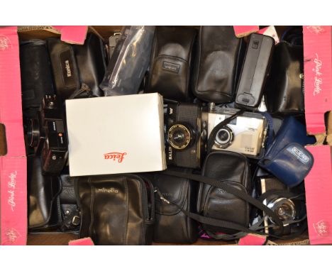A Tray of Compact Cameras, including a boxed Leica Mini Zoom with paperwork, various models from Ricoh, Minolta, Samsung and 