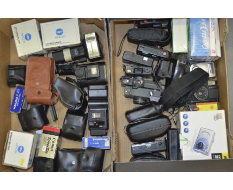 Two trays of Compact Cameras and Flash Units, camera manufacturers include Nikon, Miranda, Canon, Minolta and flash units inc