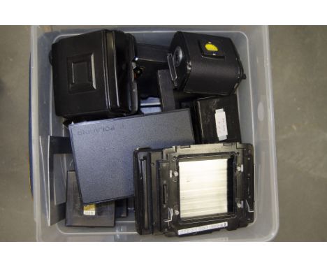 A Tray of 120 Film Backs, including a black 1977 Hassleblad back, a RZ67 professional back, a Mamiya Polaroid back, a Bronica