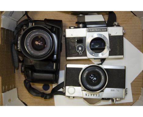 A Tray of of SLR Cameras,  including a Exakta RTL1000 Camera body, a Exakta TL500 with a Carl Zeiss Jena 50mm f/2.8 Tessar an