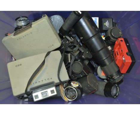 A Tray of Cameras and Accessories, including Polaroid cameras; a 320 and 104, a Kraznogorsk Zorki 11 rangefinder, a Sigma XQ 