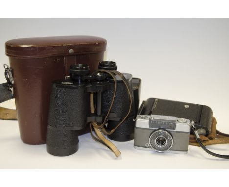 A Pair of Carl Zeiss Jena Binoculars,  jenoptem 10x50W prismatic binoculars with leather carry case together with cameras; a 