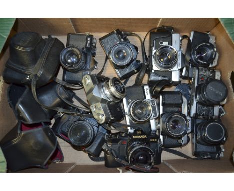 A Tray of SLR Cameras,  manufacturers include Mamiya, Olympus, Asahi Pentax, Minolta, Ricoh, Chinon and Konica
