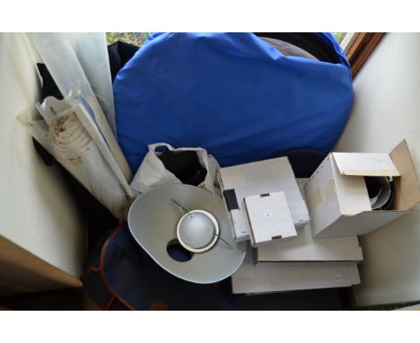 A Collection of Bowens Accessories,  including dishes (6), a grid diffuser, a snoot, barn doors (2), polyboard stands (2), a 