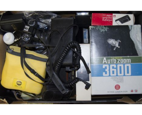 A Tray of camera Accessories, including flash units, light meters, filters and other items.