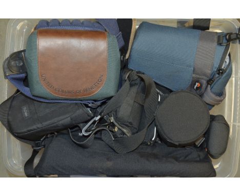 A Box of Fabric Camera Bags,  manufacturers included Lowe Pro and the United Colors of Benetton in a range of shapes and size