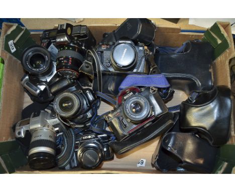 A Tray of SLR Cameras,  various models by Minolta together with a Canon EOS 1000F a Miranda MS-1 Super and a Ricoh KR-10
