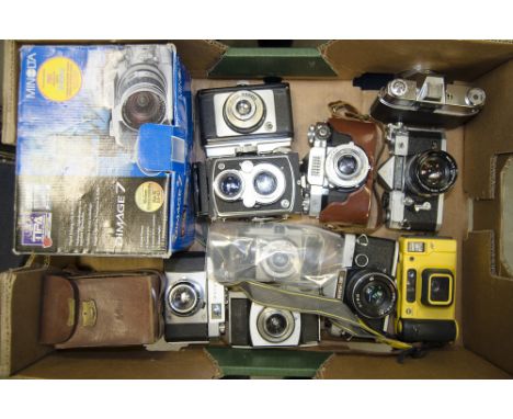 A Tray of Various Cameras,  including a Zeiss Ikon Contaflex Super and Contina, a Kodak Retina Reflex III body, Yashica and V