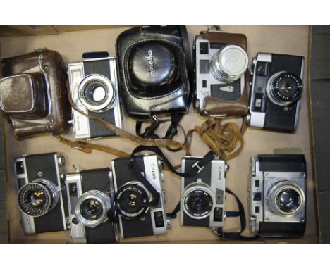 A Tray of Rangefinder Cameras, including a Aires 35 IIIC, a Minolta 7s (2), various Canon Canonet models (3) and a Braun Glor