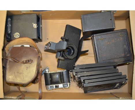 A Tray of Cameras and Accessories, including a Rochester Optical Co. hand and stand camera, circa 1895, with tapered red leat