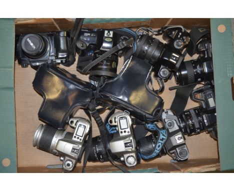A Tray of SLR Cameras, including Canon EF-M, EOS 300 and 500, Pentax P30T together with models by Olympus and Minolta