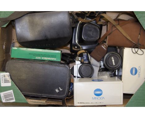 35mm SLR Cameras, including a MinoltaXG-M with 35-70mm & 75-150mm zoom lenses, Praktica MTL 5B, PL nova I and a Polaroid Swin
