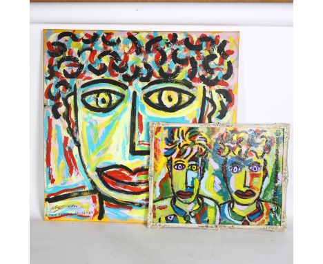 Royston Du Maurier Lebek, oil on board, "twins a face in the crowd", and oil on canvas, self portrait a face in the crowd, la