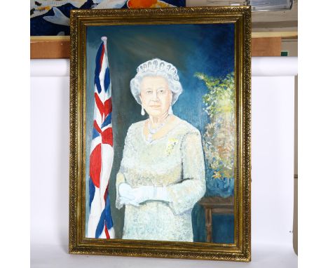 Clive Fredriksson, oil on board, portrait of Her Majesty Queen Elizbeth II, 112cm x 82cm overall, gilt-framed 