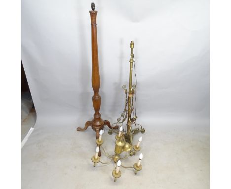 A brass telescopic standard lamp, and another mahogany standard lamp, and a brass 6-branch chandelier (3) 