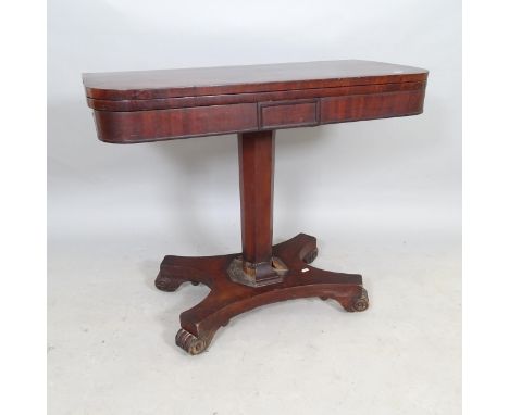 A 19th Century rosewood fold-over card table, with octagonal central column on platform base, 91 x 77 x 45cm, some of the mis