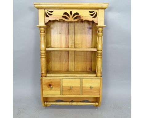 A light oak hanging plate rack, with 3 fitted drawers, 63cm x 100cm x 22cm 