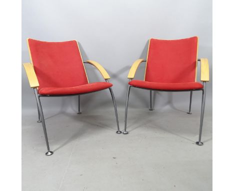 A pair of post-modern Finnish bent-ply and steel lounge chairs, by Martela, with maker's label 
