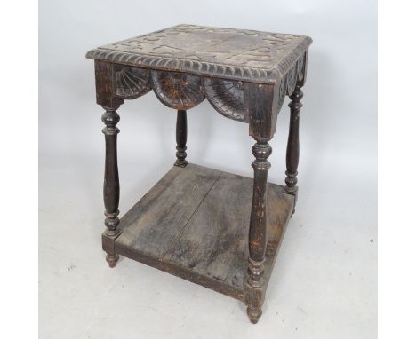 An Antique stained oak square-top 2-tier lamp/occasional table, 54cm x 70cm 