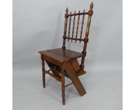 A 19th century oak metamorphic library step chair, with turned spindle back and legs