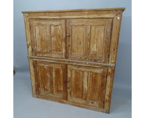 An Antique pine 4-door cabinet with shelf-fitted interior, 128cm x 135cm x 45cm 