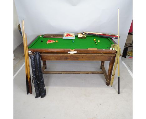 A slate bed quarter-size table-top snooker table, overall 162cm x 86cm x 10cm, a scoreboard, 2 sets of balls (1 incomplete), 