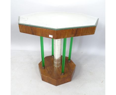 An Art Deco side/lamp table, with mirrored octagonal top, and central column flanked by green lucite pillars, 60cm x 59cm 