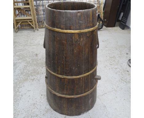 An Antique Chinese elm barrel-form child minder/plant stand, with interior slatted shelf, 50cm x 87cm 