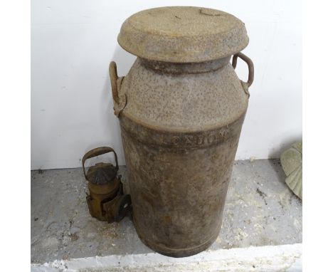 A galvanised milk can, and a Mutlow? paraffin lamp with War Office mark (2) 
