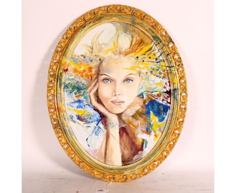 Clive Fredriksson, an oval mixed media on board, fantasy portrait study, length 70cm, gilt-framed 