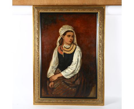 Oil on canvas, portrait study of a young lady, 90cm x 60cm overall, gilt-framed, modern 