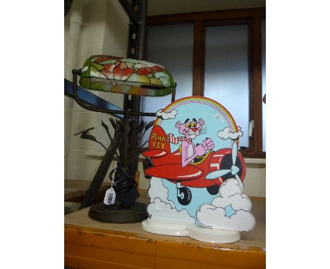 A TIFFANY STYLE DRAGONFLY LAMP, and a Pink Panther lamp 'Pink Fly' (2)