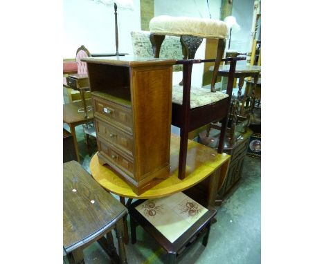 A MODERN MAHOGANY CHEST OF THREE DRAWERS, an oak gate leg table, a stool and a modern commode armchair (4)