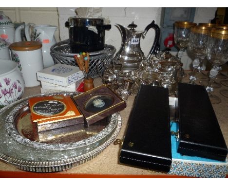VARIOUS PLATED WARES, and other items to include four piece tea service, 'Thistle' cruet stand etc