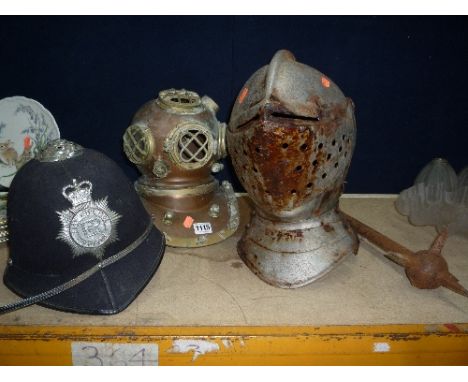VARIOUS HEADWARE, etc, Knights helmet, divers helmet, Policemans helmet etc