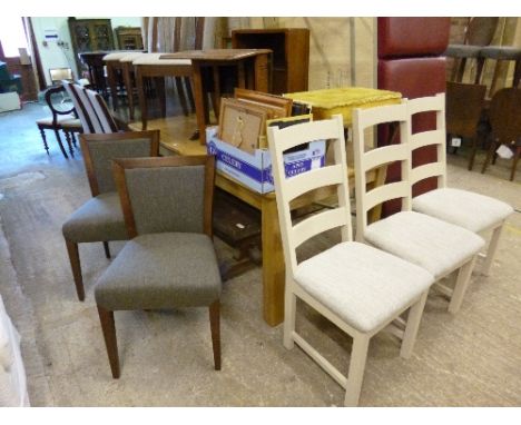 LIGHT OAK EXTENDING DINING TABLE, three painted chairs and two darkwood chairs (6)&nbsp;(PLEASE NOTE: V.A.T. OF 20% WILL BE C