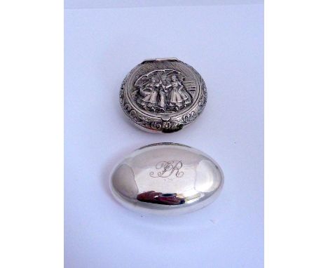 A CONTINENTAL WHITE METAL SNUFF BOX, and another oval box and cover (2)