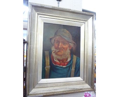 AN OIL ON BOARD, Fisherman smoking pipe, gilt framed