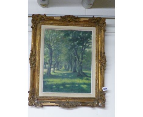 A GILT FRAMED OIL ON BOARD, ' Woodland Scene', another oil, three frames and a brass standard lamp (s.d.) (6)
