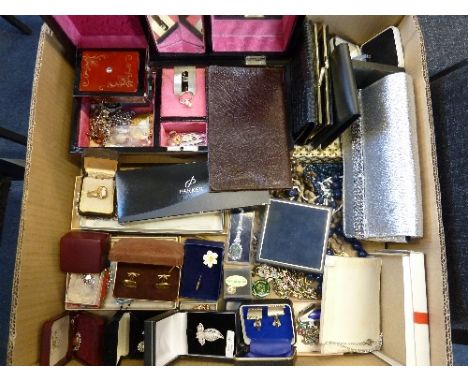 A BOX OF COSTUME JEWELLERY, to include purses, pens, cufflinks etc