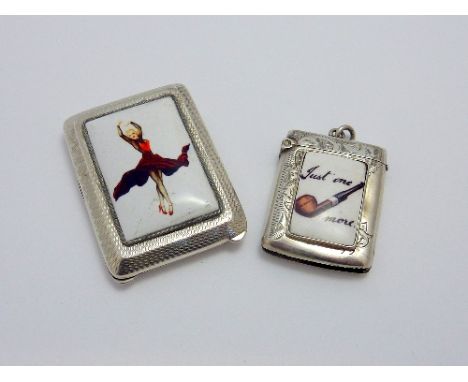 TWO SILVER ENAMEL MATCH CASES/VESTA'S, one of a Dancer and the other a pipe (2)