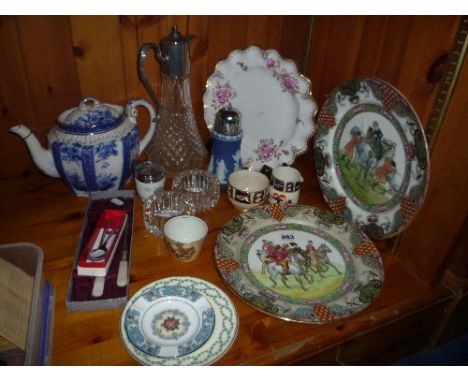 VARIOUS CERAMICS AND GLASS, to include two Royal Doulton hunting scene plates, Royal Crown Derby, Barnfather bowl etc