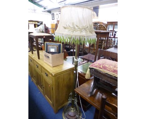 A BRASS AND COPPER TELESCOPIC STANDARD LAMP, with shade