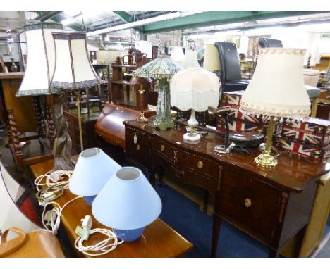 A TIFFANY STYLE TABLE LAMP, four other lamps and a copper warming pan (6)