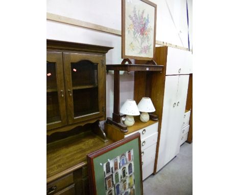 A VICTORIAN OCCASIONAL TABLE, firescreen, two pictures and two table lamps etc (s.d.)