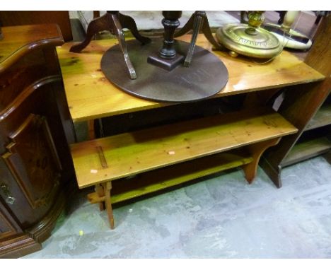 A PINE TABLE, and a matching bench