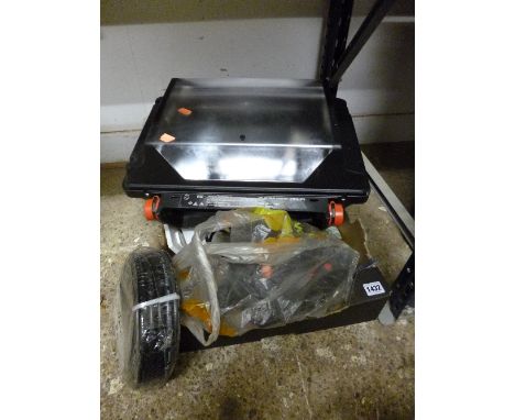 A PHILIPS FLOOD LIGHT, and a box of miscellaneous and an electric garden lawn raker