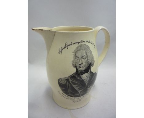 A LEEDS CREAMWARE JUG, c.1805, black painted with a dated portrait of Nelson, the reverse with a plan of the Battle of Trafal