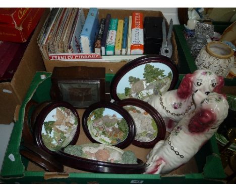 TWO BOXES ORNAMENTS, CLOCK, CAMERA, BOOKS, etc